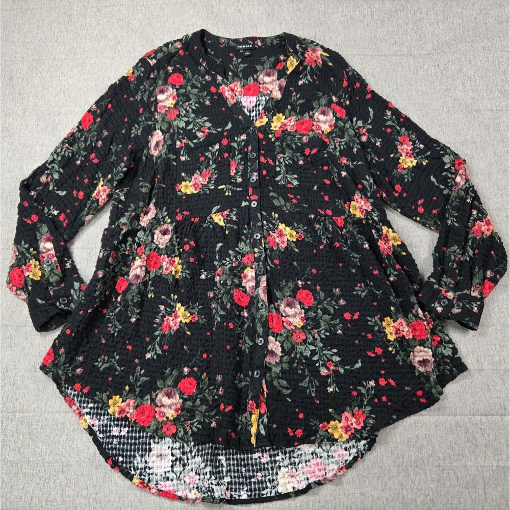 TORRID Women's Button Up Floral Roses Crinkle Long Sleeve Tunic Blouse Size 1X